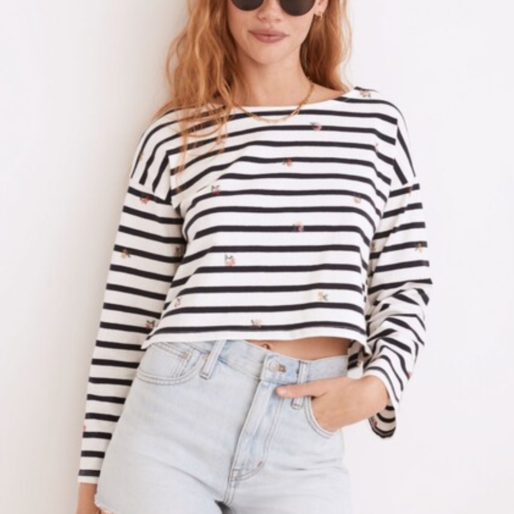 Cross-Stitch Embroidered Supercrop Long-Sleeve Tee in Stripe
